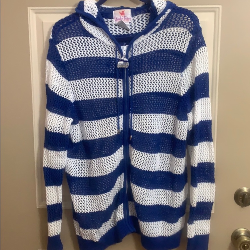 QF blue & white loose knit sweater w/ hood 1X